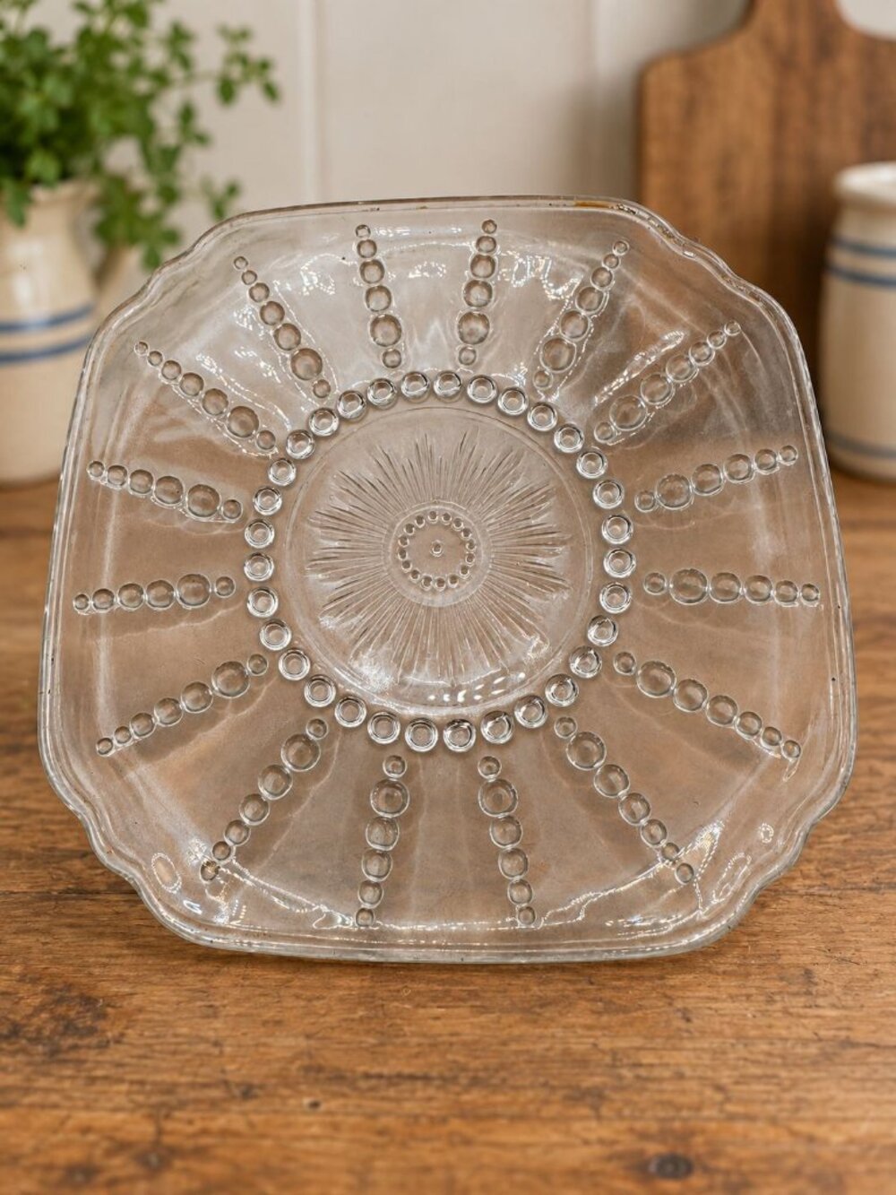 Vintage Clear Glass Plate Beaded Sunburst Pattern Square Shape Elegant Serving D